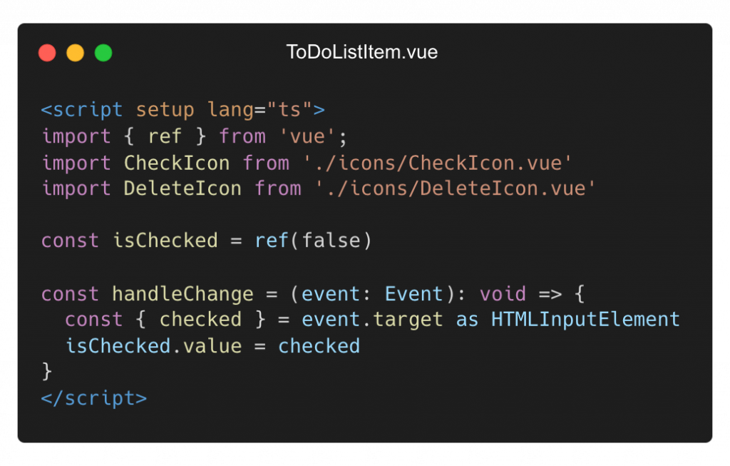 ToDoListItem.vue updated script section with ref api and event handler.