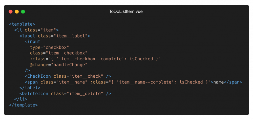 Updating markup for ToDoListItem.vue to hook into input event and bind classes to elements.