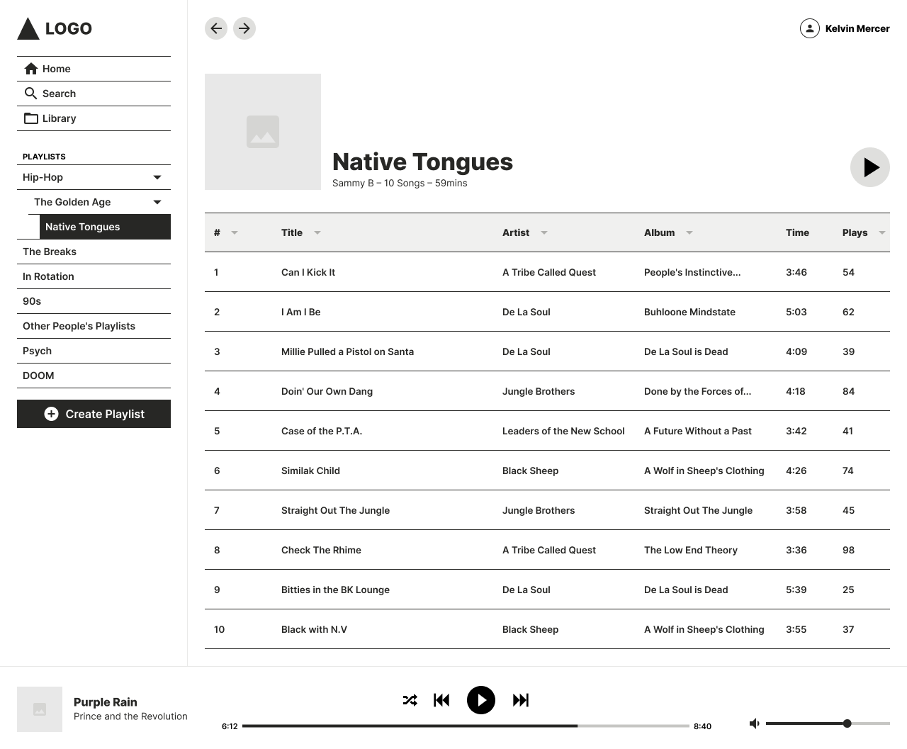 Screenshot of a wireframe of a streaming music service similar to apple music or Spotify